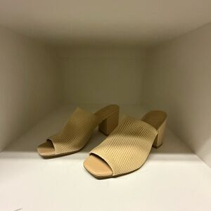 Beige, open back block heels